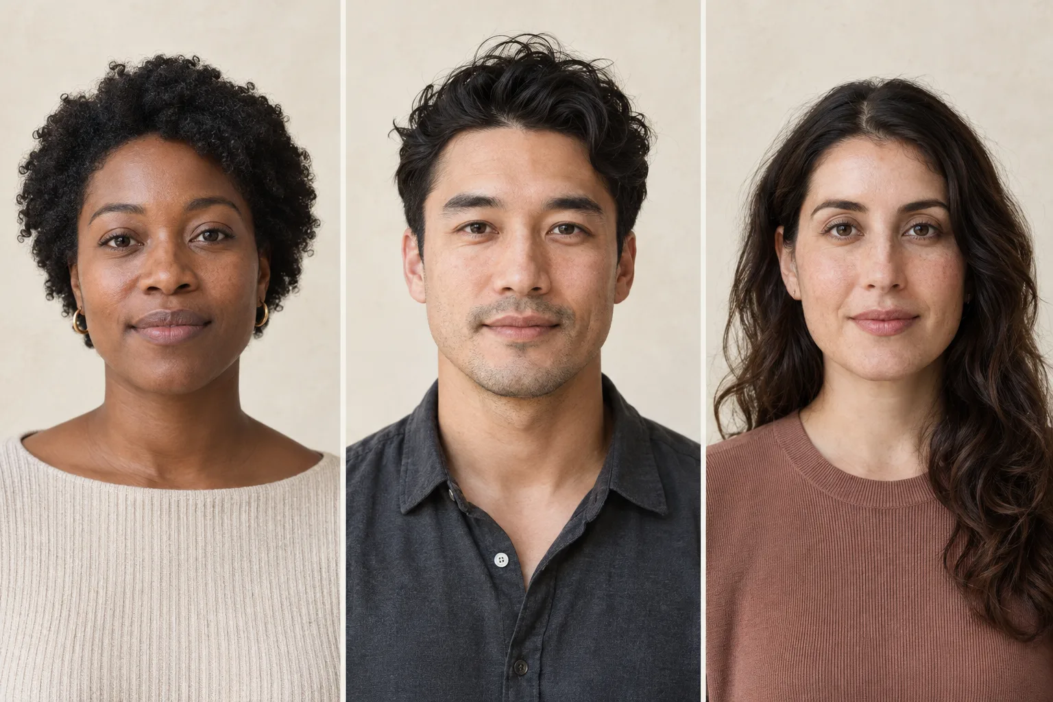 Three adults photographed in consistent front-facing conditions for a fair face rating comparison